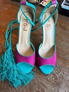 FSJ Teal and Magenta Open-Toe Lace-Up Heels